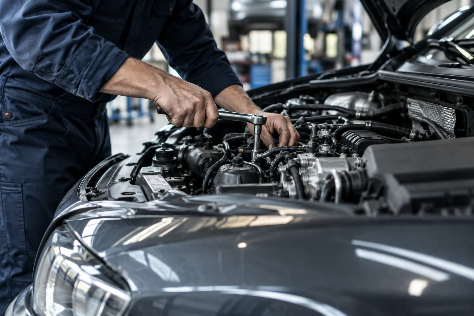 Detail práce automechanika v motorovém prostoru